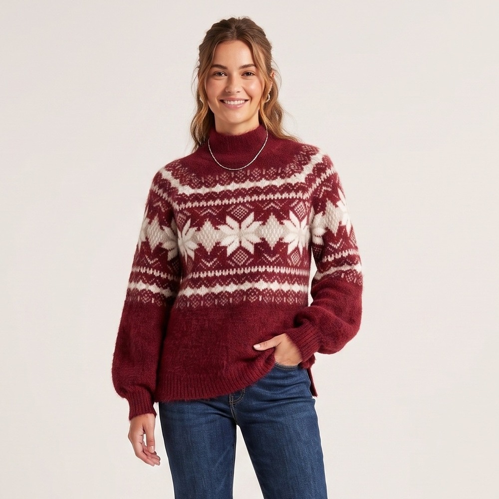 Abercrombie & Fitch Womens Medium Red Sweater Mock Neck Fair Isle Eyelash‎ Knit